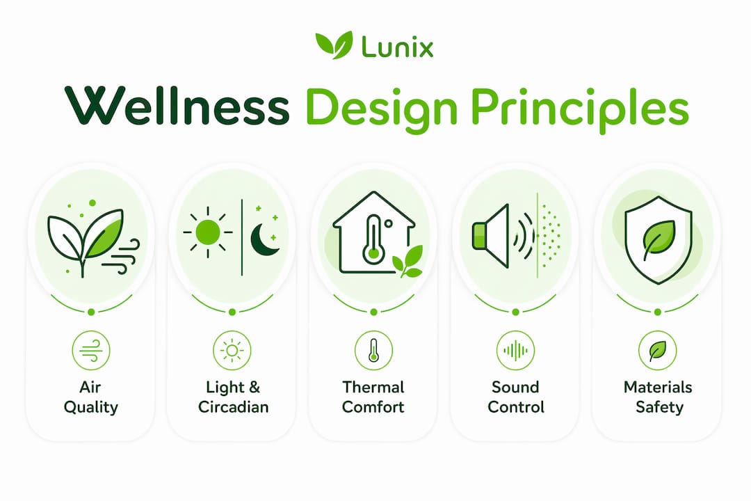 Infographic illustrating wellness design core principles