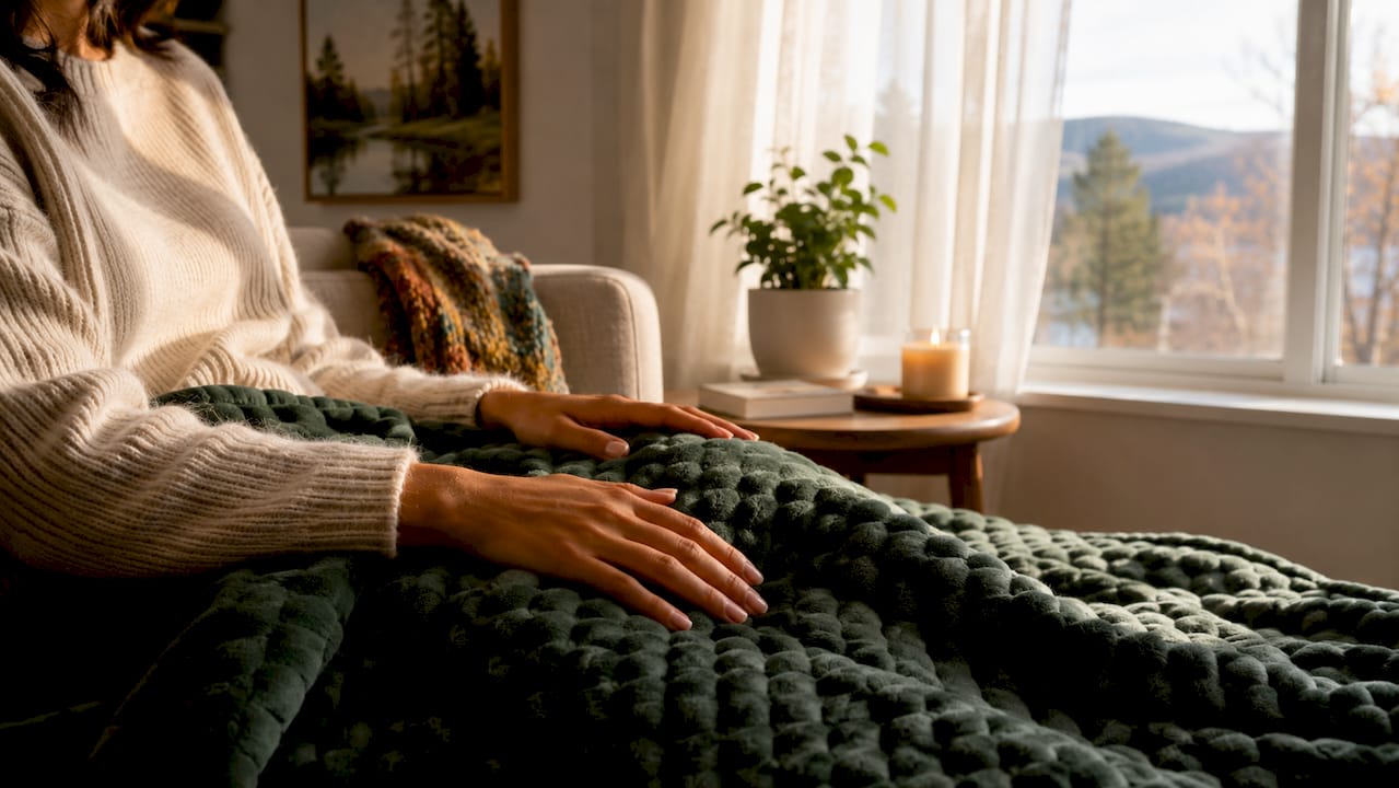 Hands holding weighted blanket fabric