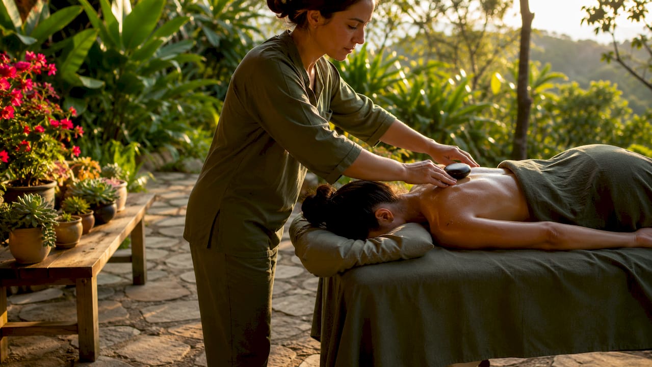 Therapist placing warm basalt stone on shoulder