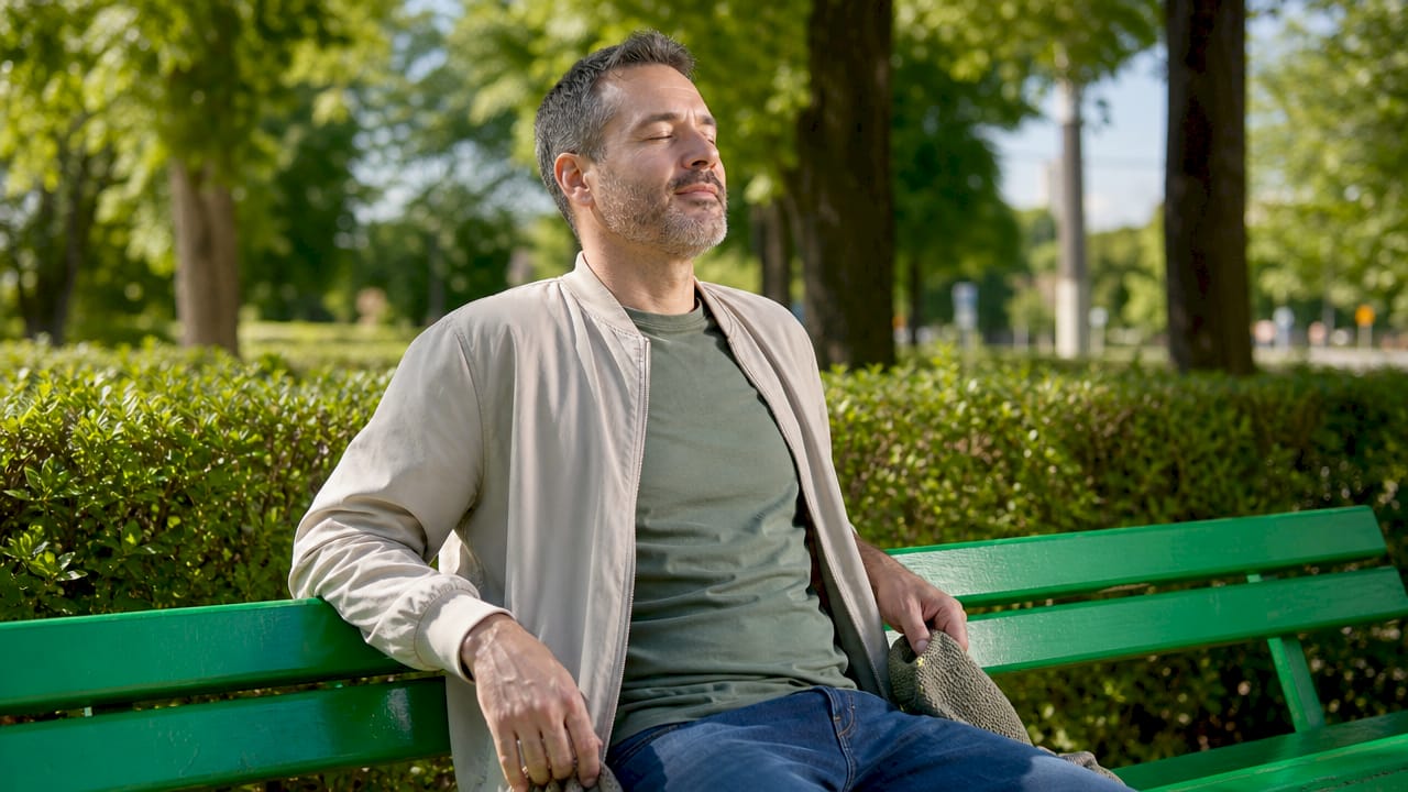 Man practicing slow nasal breathing outdoors