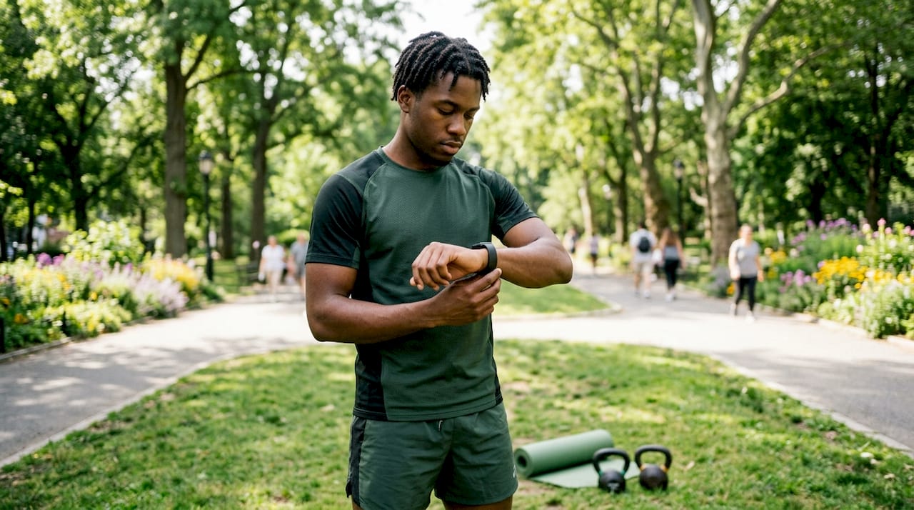 Man fitting fitness tracker in home gym