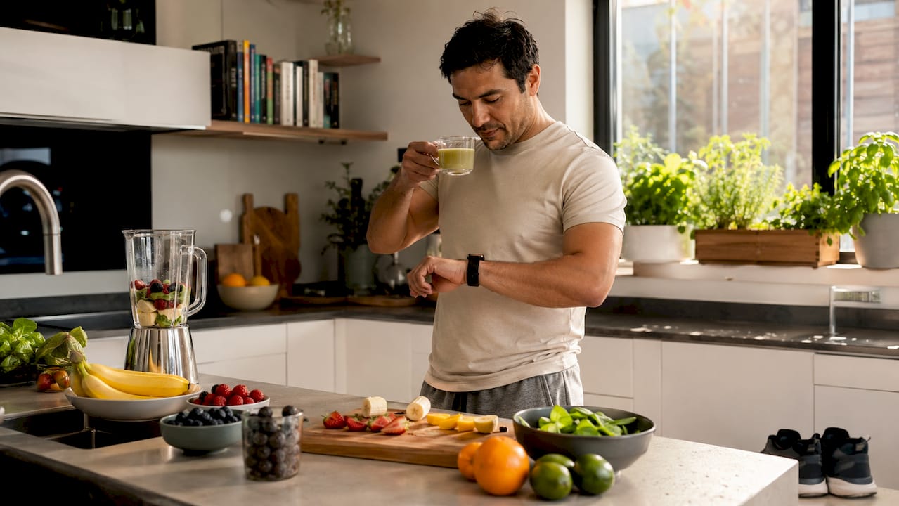 Man preparing healthy breakfast at kitchen table