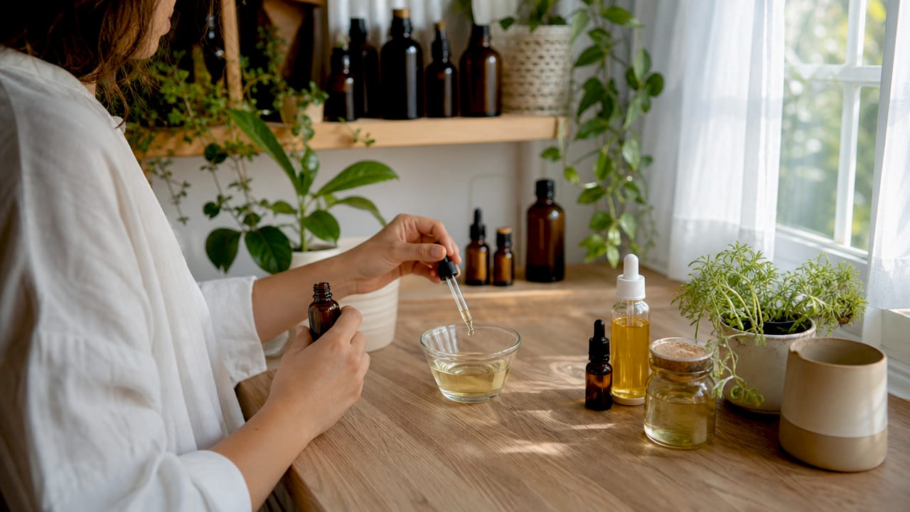 Hands preparing essential oils for topical application