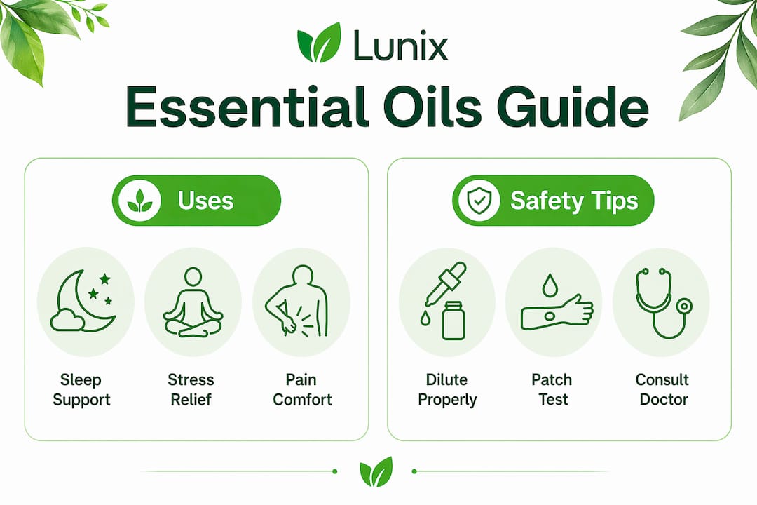 Infographic comparing essential oils uses and safety tips