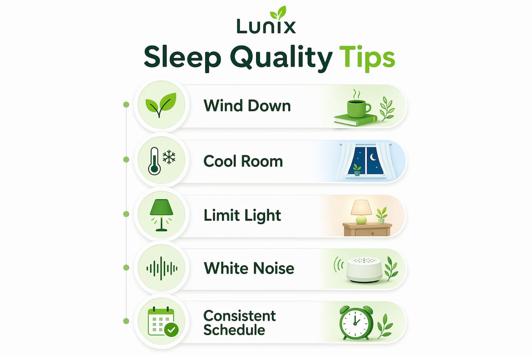 Infographic showing five tips to improve sleep quality