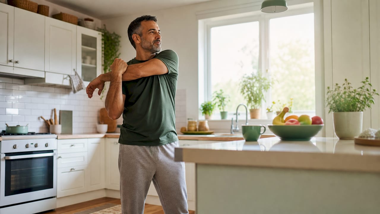 Man stretching by window in morning light