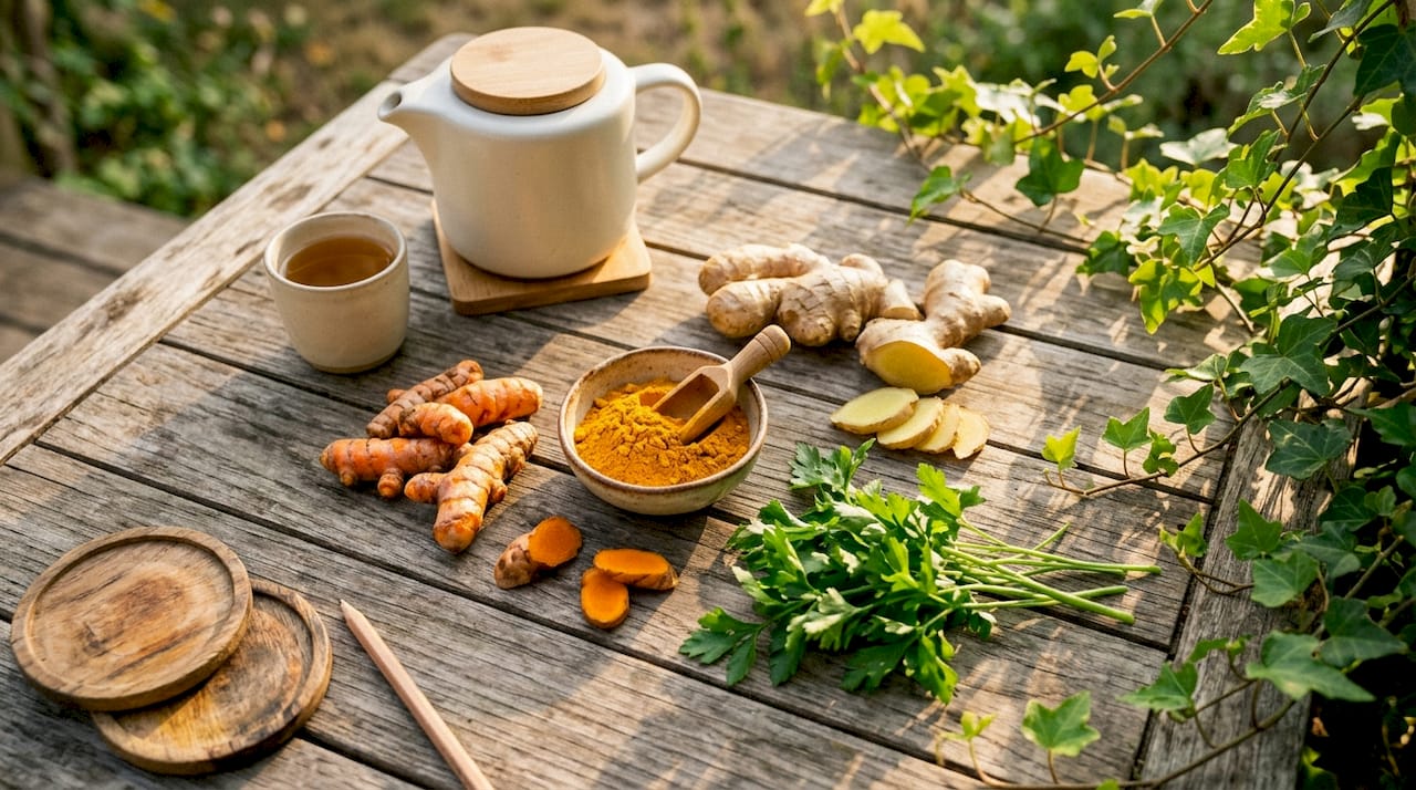 Natural anti-inflammatory ingredients on wooden table