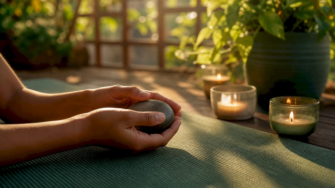 Hands holding stress-relief stone in yoga studio