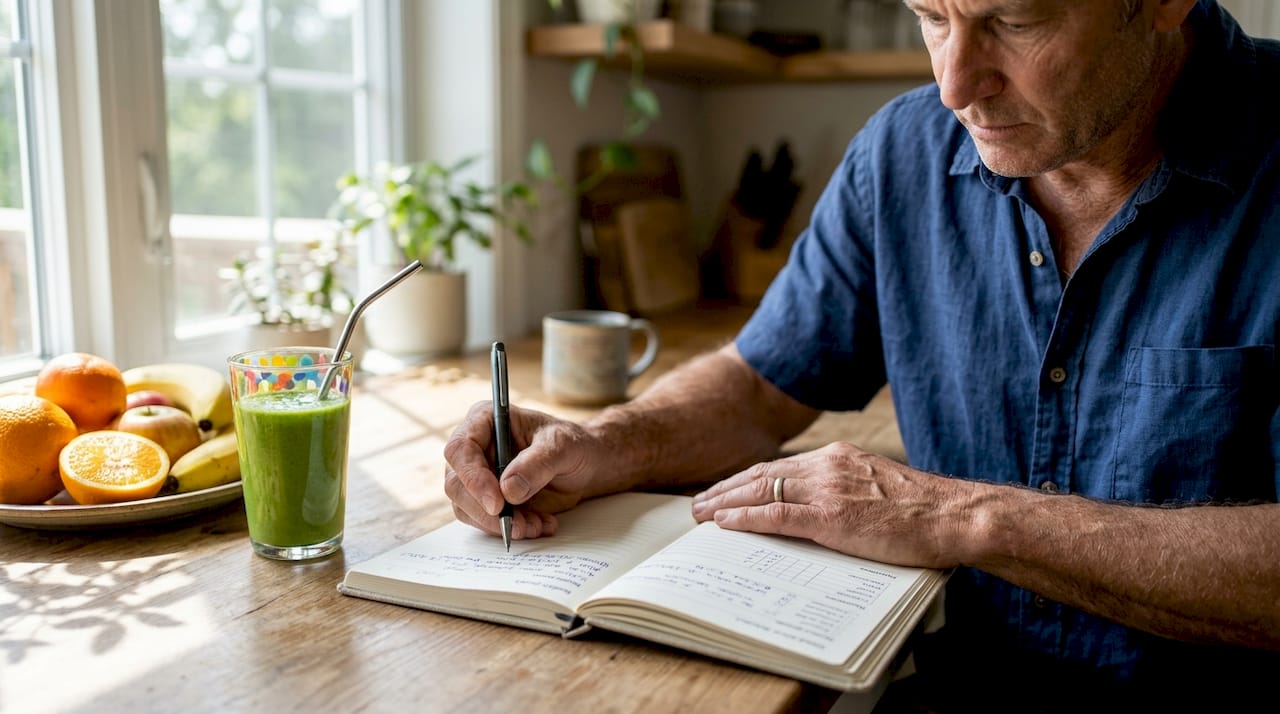 Man writing wellness progress notes in notebook