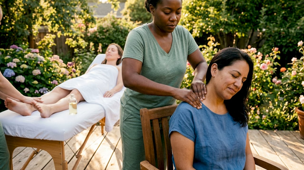 Massage therapist demonstrating varied techniques on women