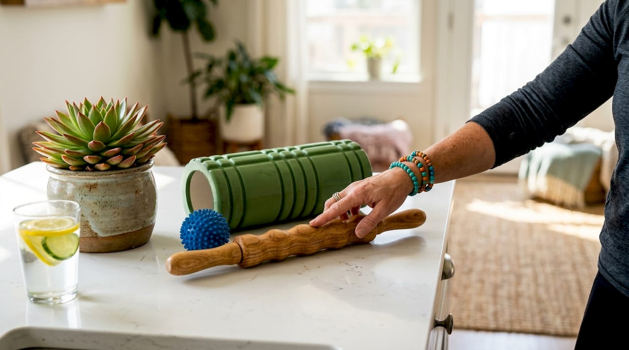 Massage sticks and foam roller on kitchen counter