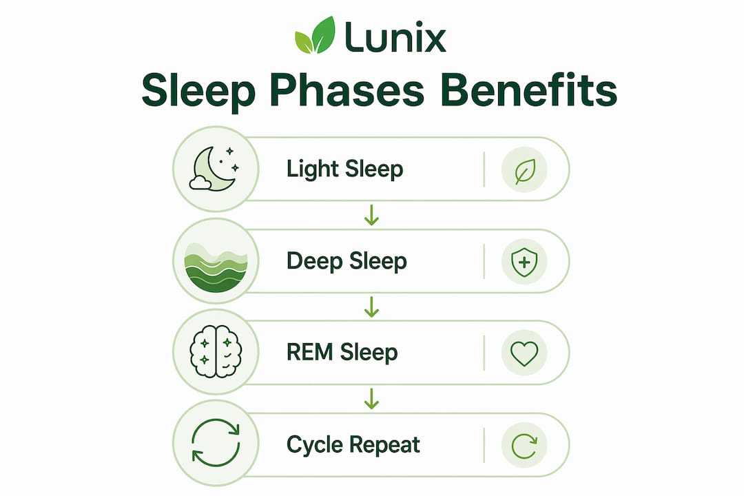 Infographic illustrating sleep phases and benefits
