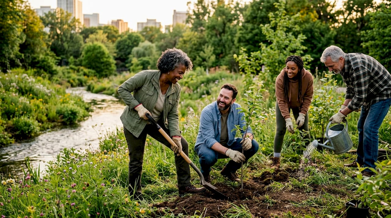 Diverse group planting native trees in wetland