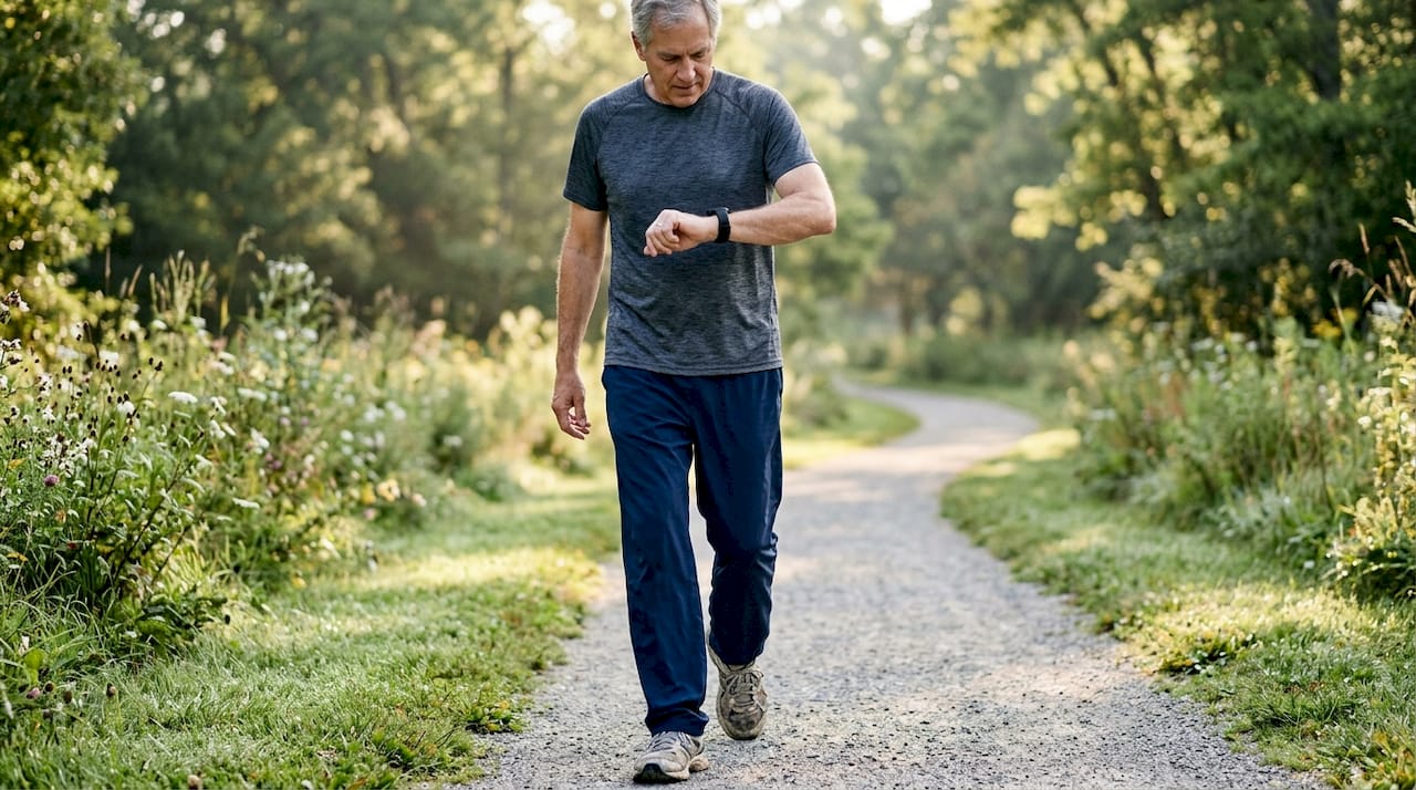 Senior man walking outdoors with pedometer