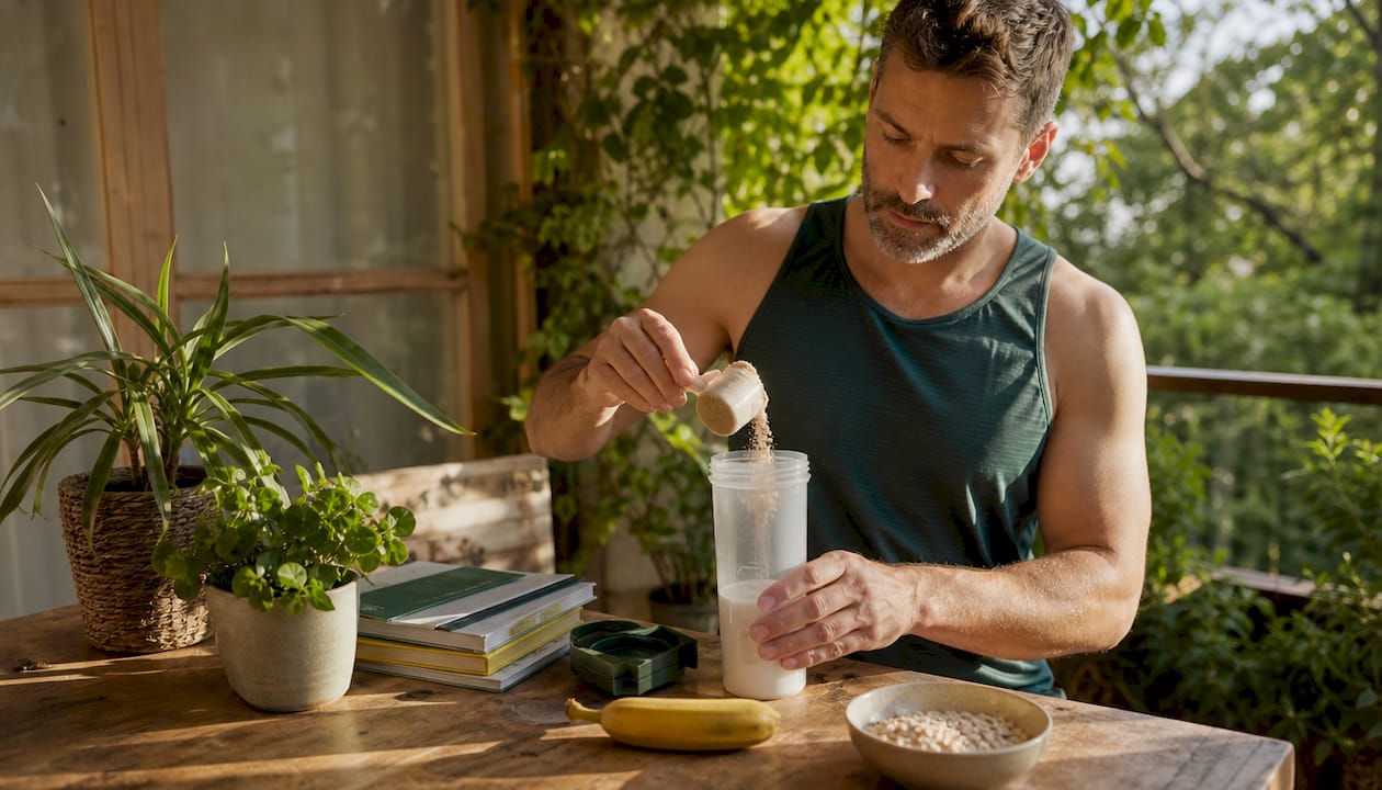 Hands preparing protein shake for muscle recovery after workout