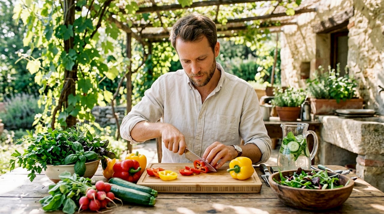 Man chopping vegetables in home kitchen