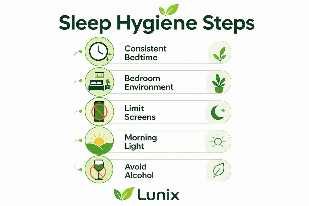 Infographic listing key sleep hygiene steps
