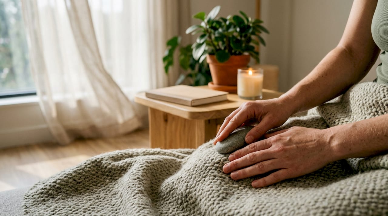 Hands holding grounding stone on calming desk