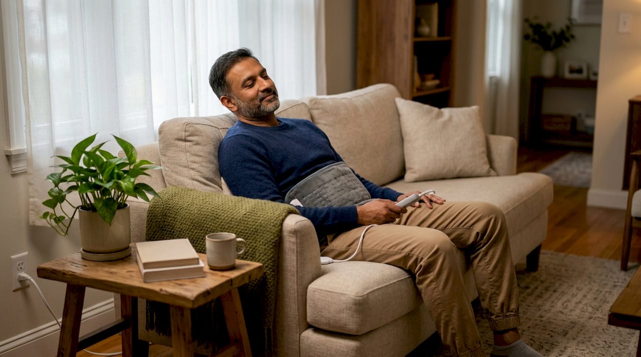 Man using electric heating pad at home