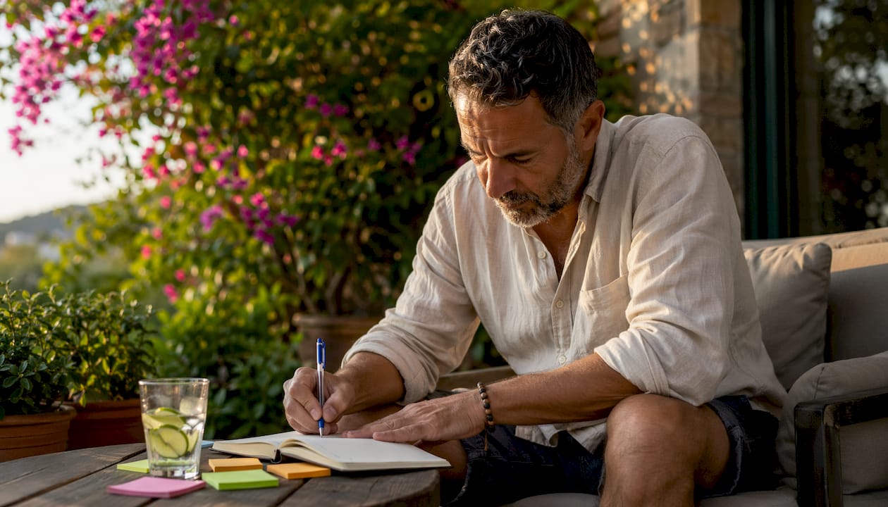Hands journaling stress triggers at kitchen table