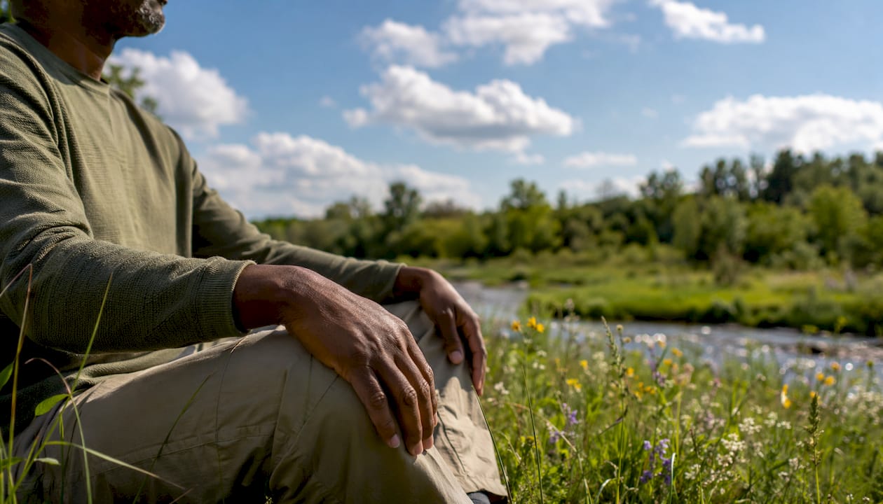 Hands demonstrating slow exhale breathing outdoors