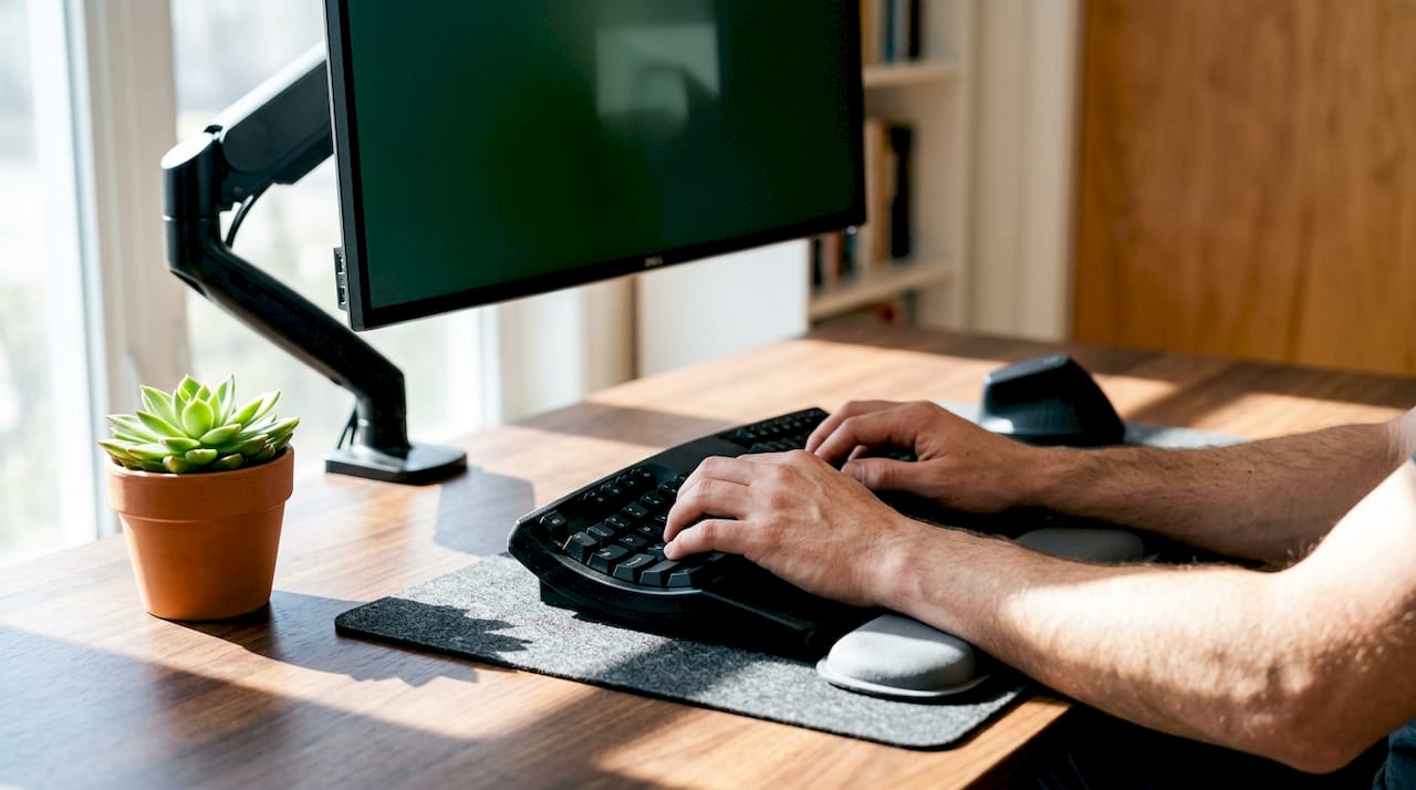 Close-up ergonomic keyboard and hands in office