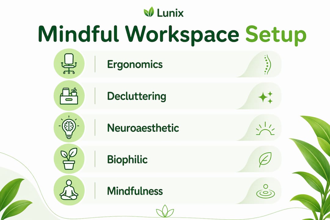 Infographic showing five key steps for mindful workspace setup