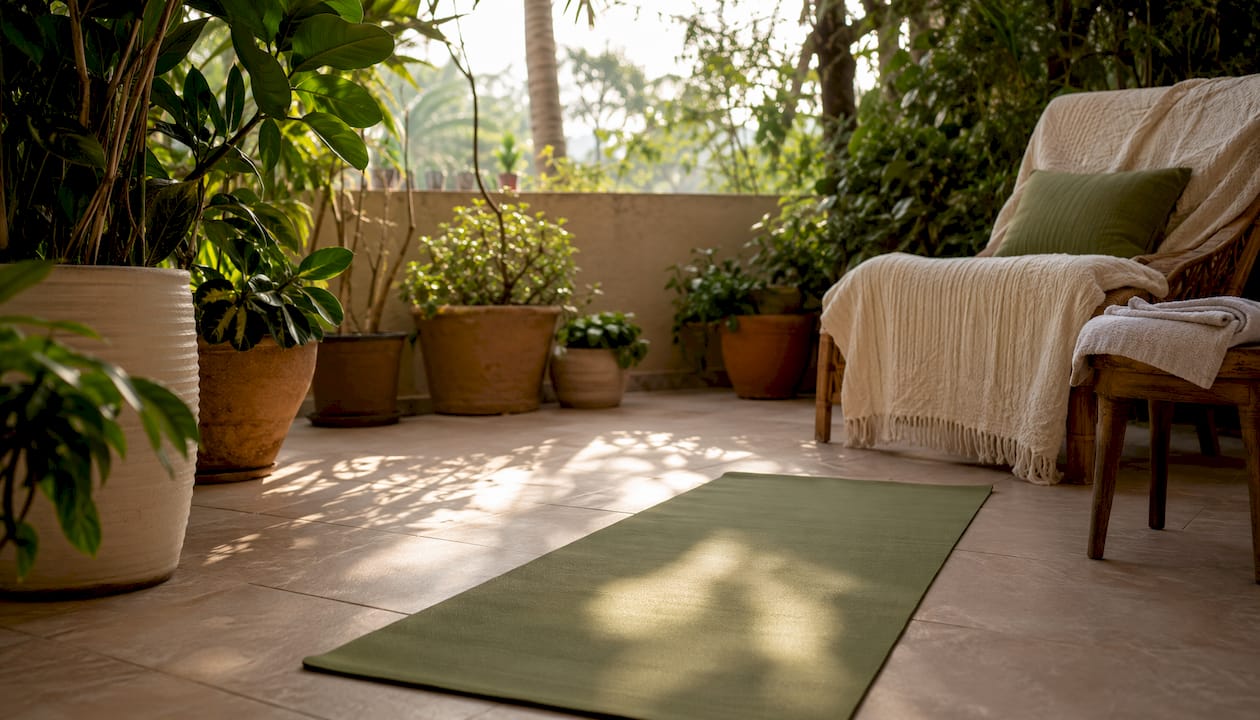 Yoga mat and stretching props in sunlit home