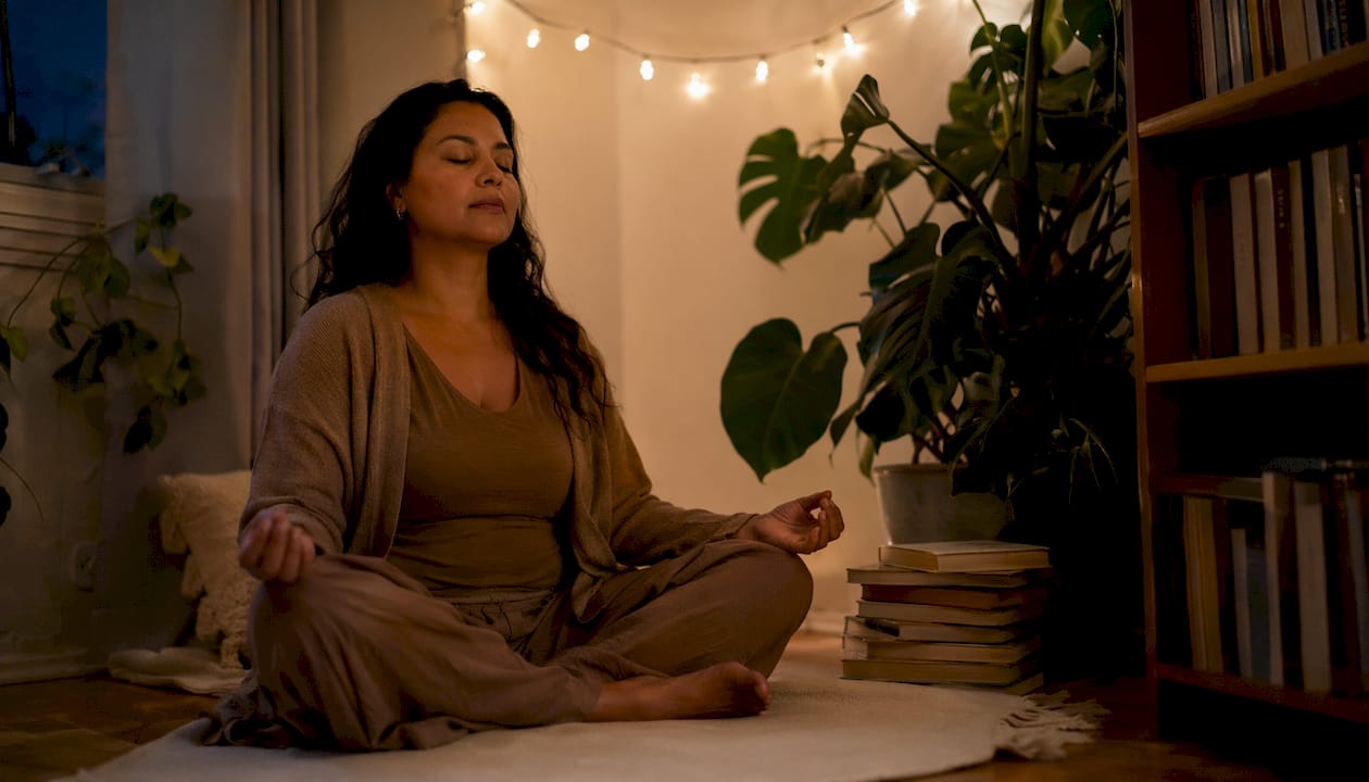 Woman meditating indoors in evening light