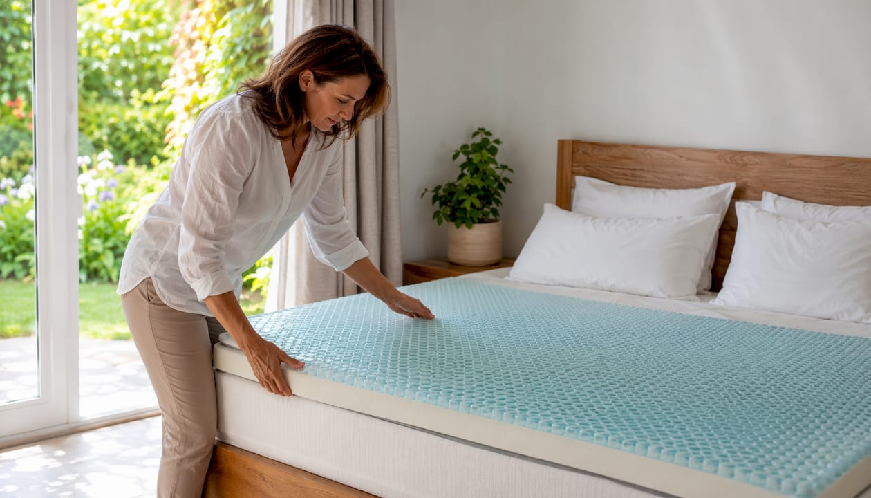 Hands adjusting cooling gel foam mattress topper