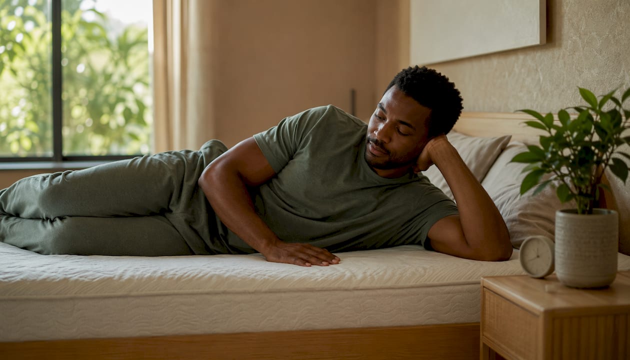 Man testing mattress for side sleeping comfort