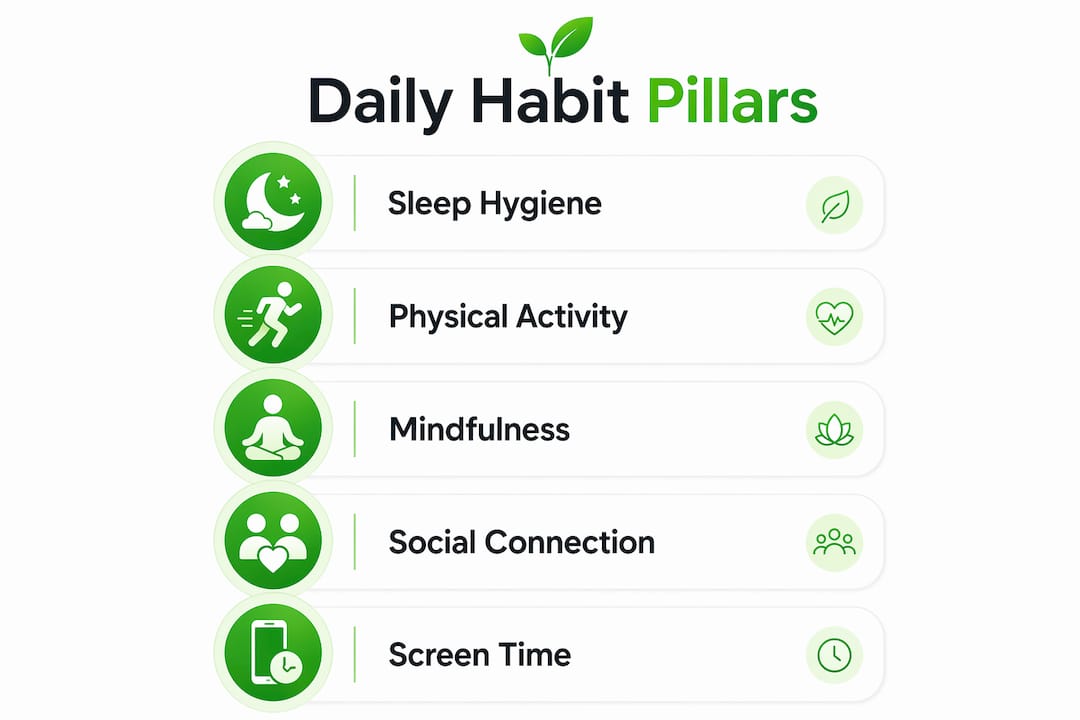 Infographic showing key daily health habit pillars