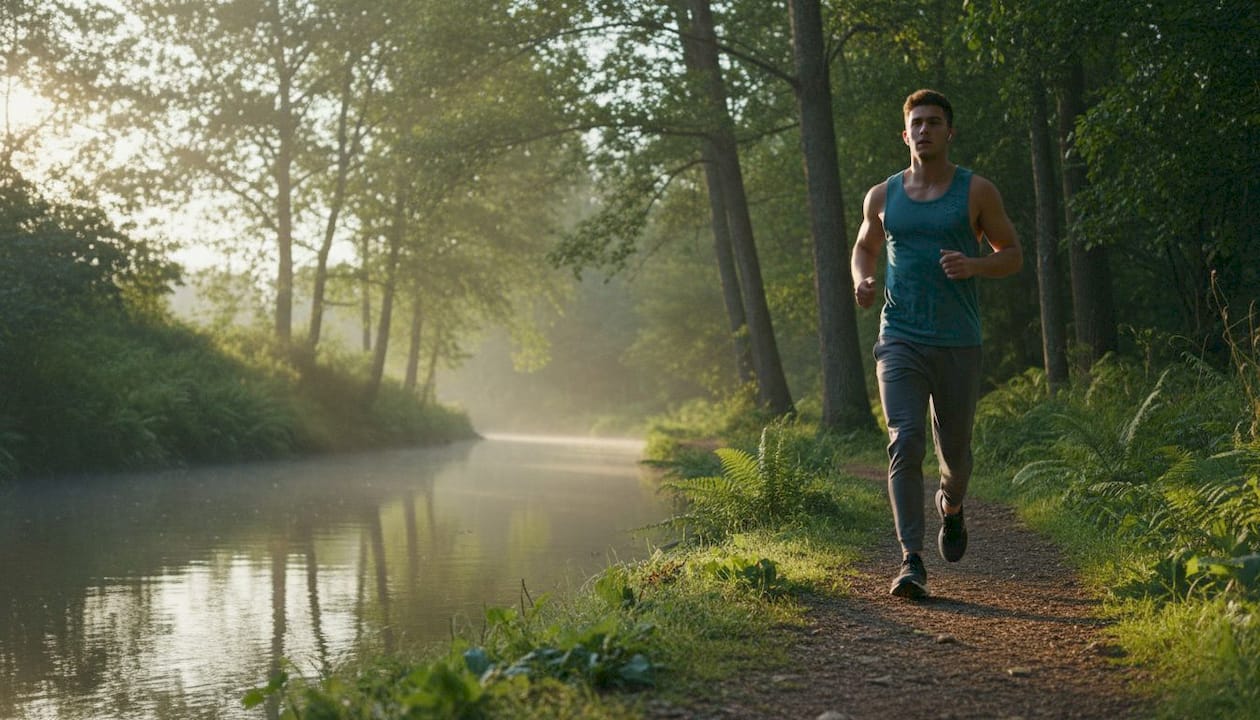 Man jogging in urban park during golden hour