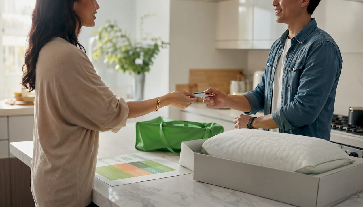 Hands exchanging card over price comparison sheet