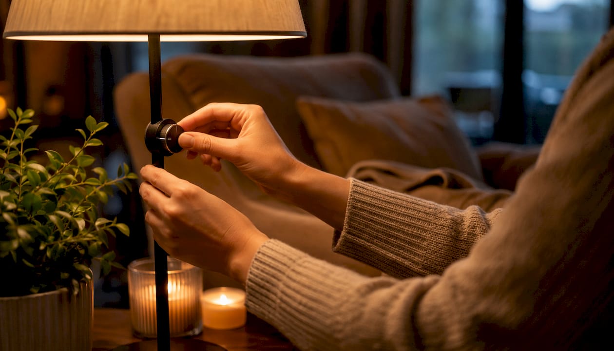 Hands adjusting dimmable LED bulb in bedroom