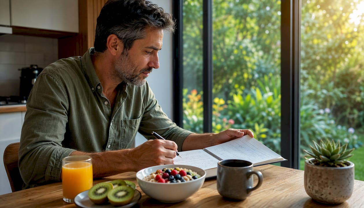 Man planning morning meal at kitchen table