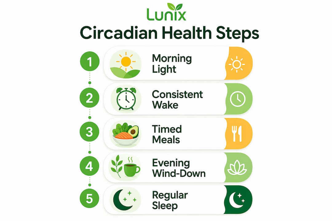 Infographic showing steps for circadian health