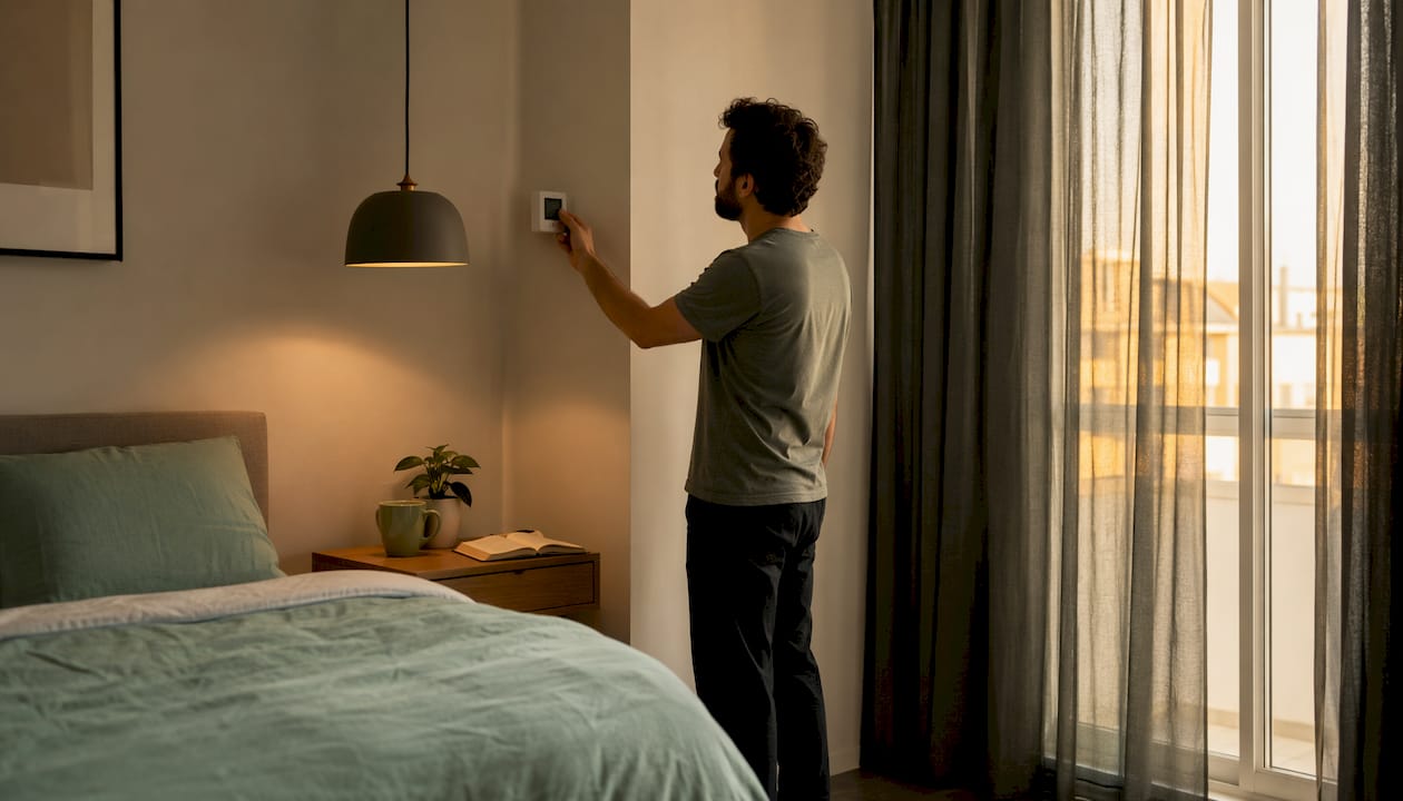 Hands adjusting bedroom temperature control