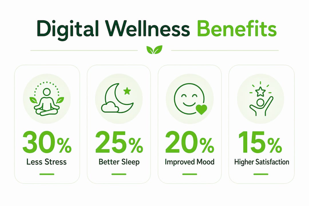Infographic showing key digital wellness benefits for adults