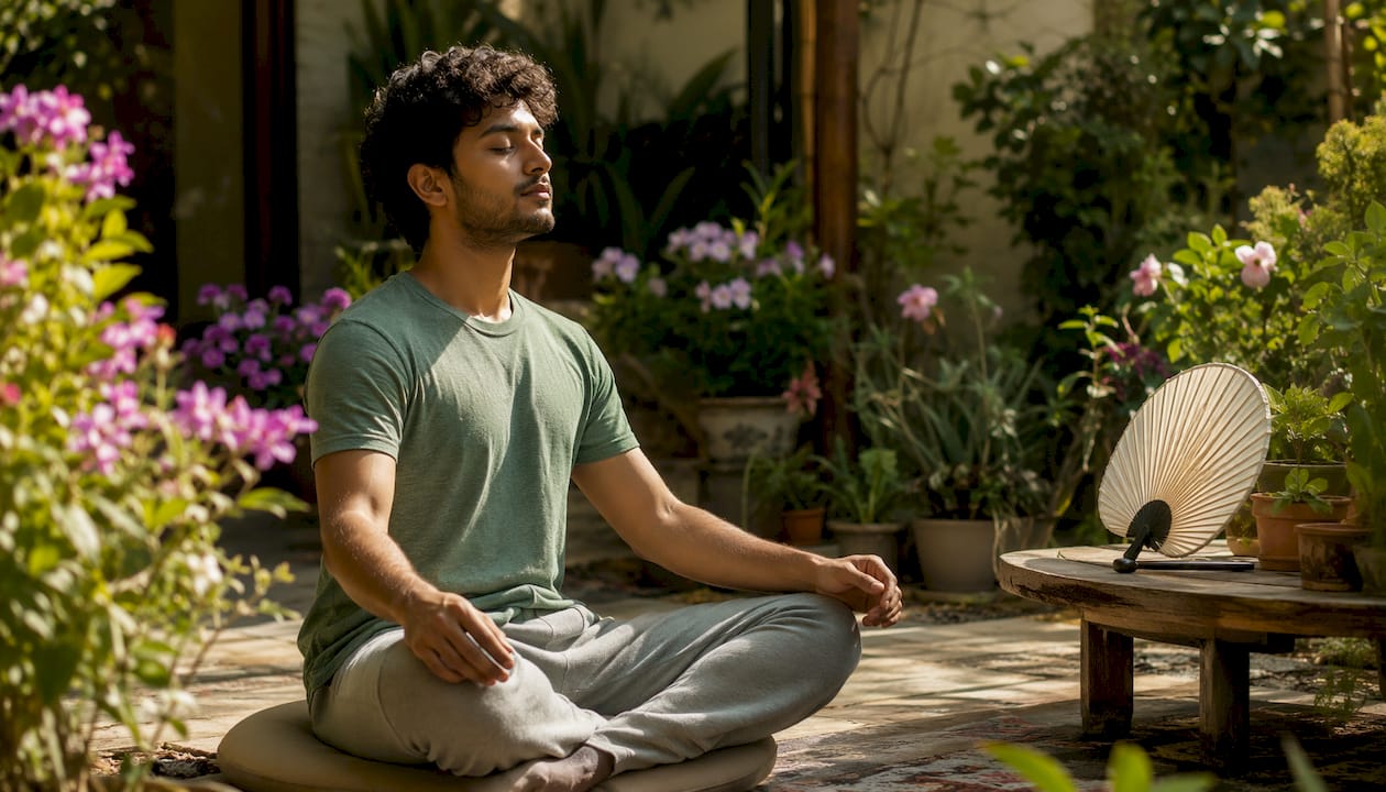 Man using chair setup for breathing exercise