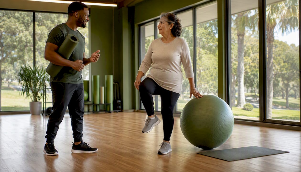 Therapist assisting senior man with balance training