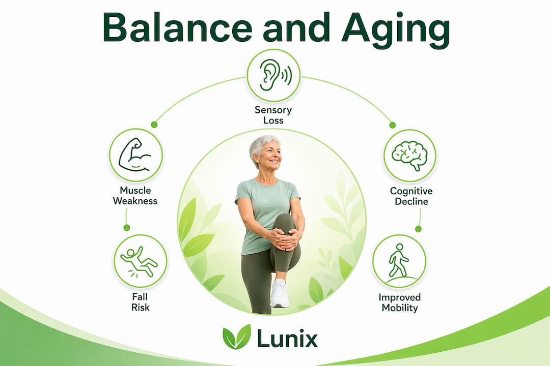 Infographic illustrating key stages of balance changes with aging