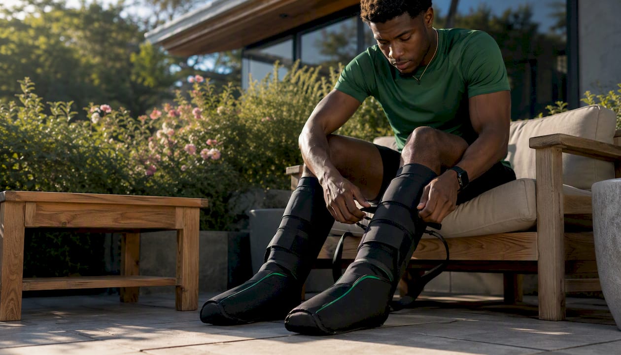 Athlete adjusting leg compression boots