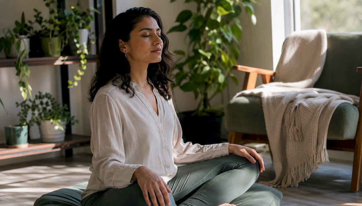 Young woman practicing mindful breathing in office
