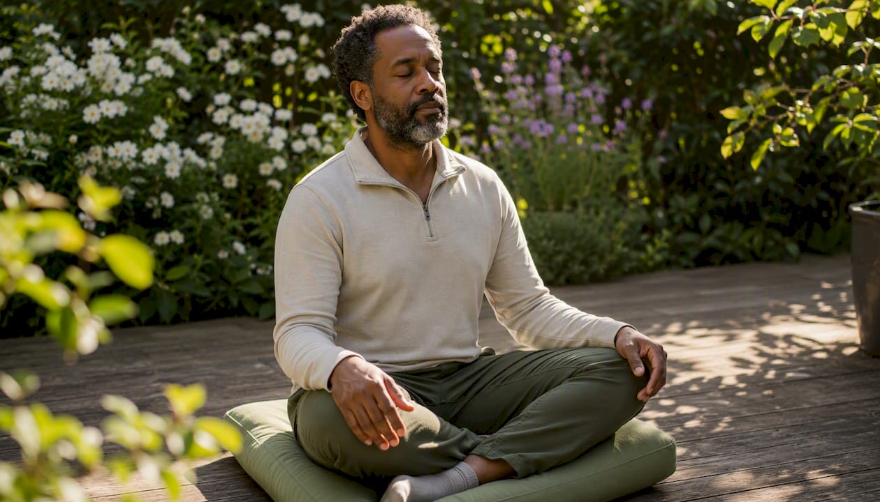 Man calmly practicing mindful breathing steps