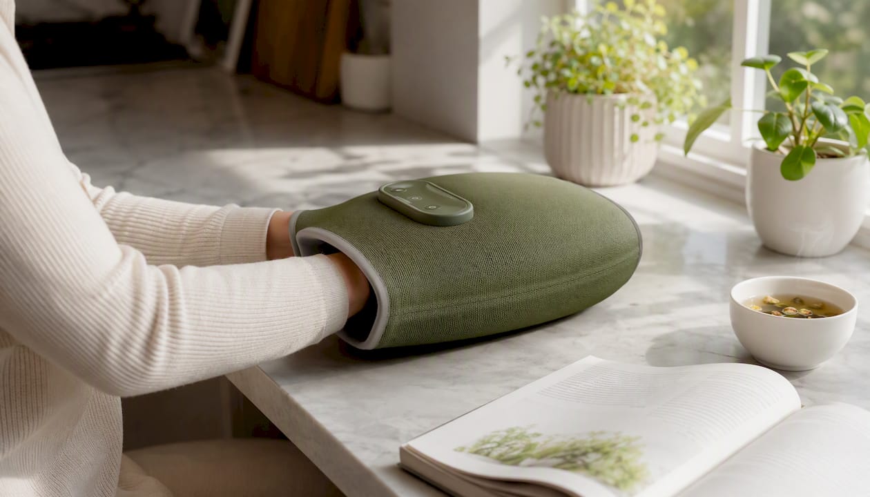 Hands in heated compression massager