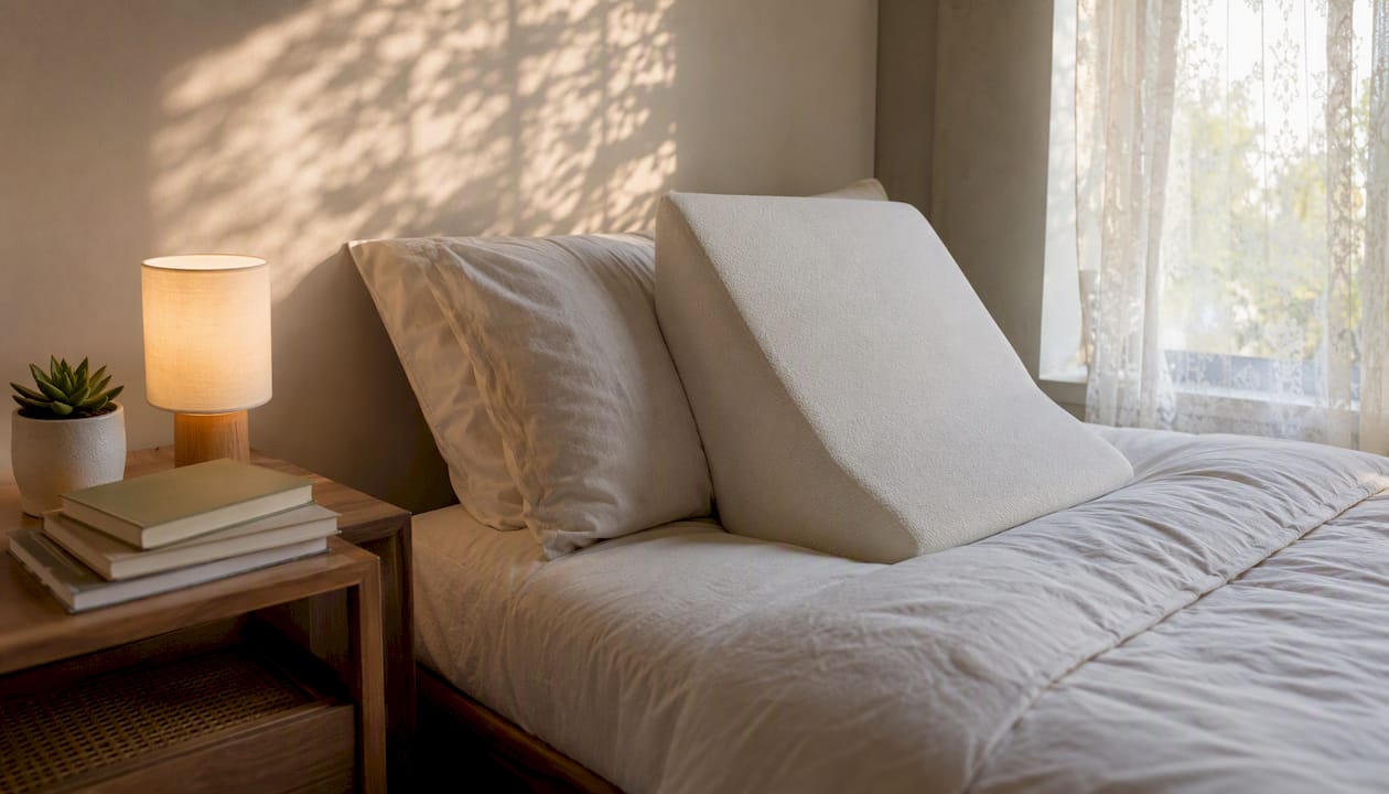 Orthopedic wedge pillow on bedroom bed