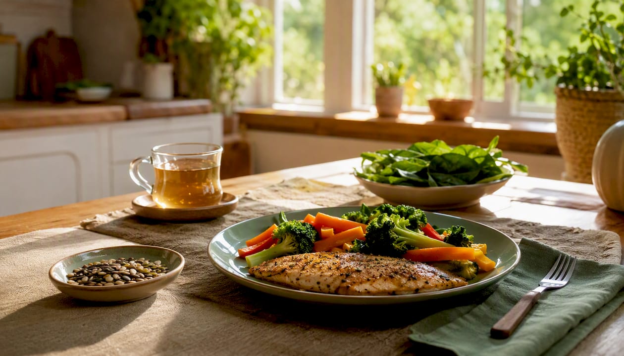 Healthy nutritious meal with salmon and vegetables