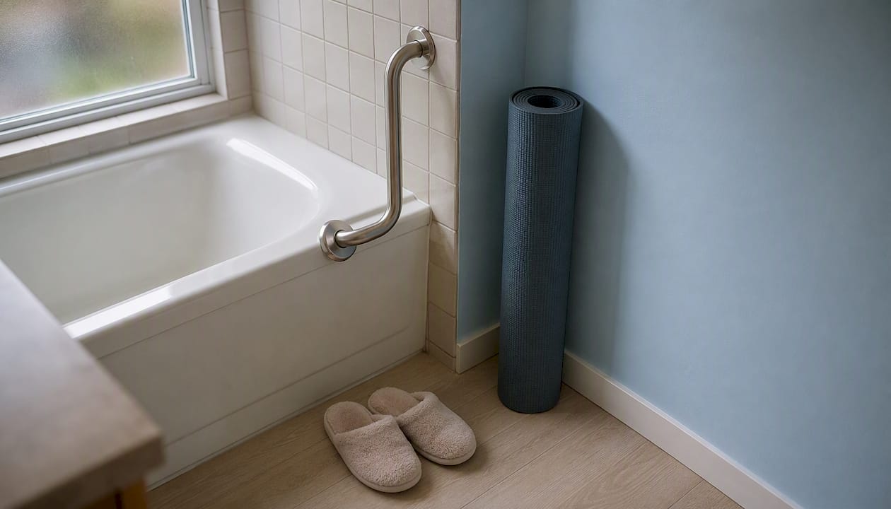 Bathroom grab bar and home exercise setup