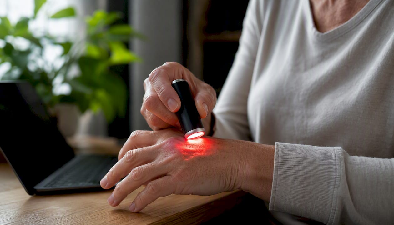 Close-up applying red light therapy to hand